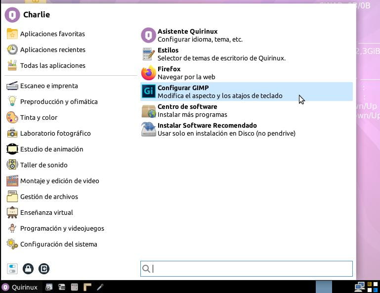 Botoń Quirinux > Configurar GIMP