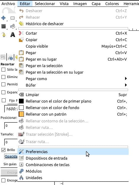 GIMP, Menú Edición > Preferencias