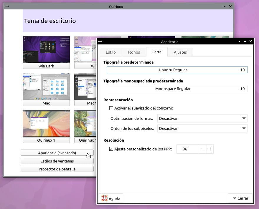 Opciones avanzadas para modificar la apariencia de Quirinux