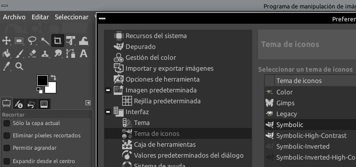GIMP, Editar > Preferencias > Interfáz > Tema de íconos > Symbolic