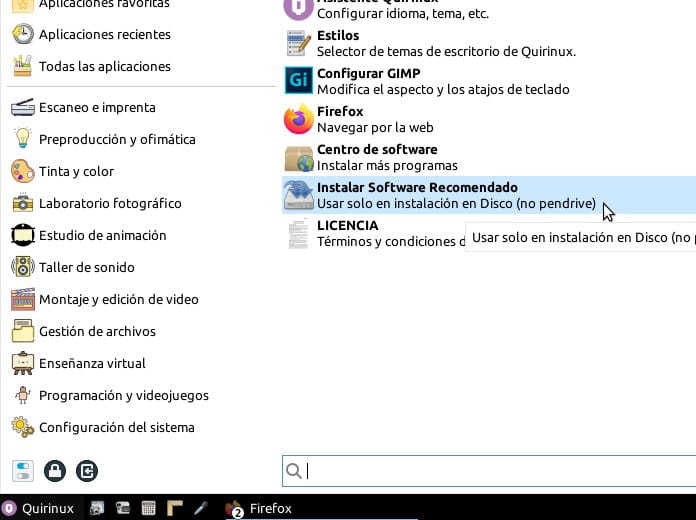 Botón Quirinux > Instalar Software Recomendado